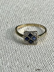 Art Deco 14K Gold And Platinum sapphire Ring Geometric Square Estate Size 5.5