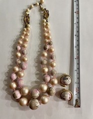 Vintage Pink Beaded Necklace Multi-strand Adjustable 17″ With Matching Earrings