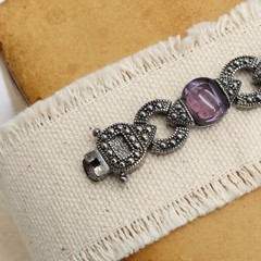 PAJ BB Purple Bracelet Silver Link Art Deco Style Marcasite Glass Amethyst