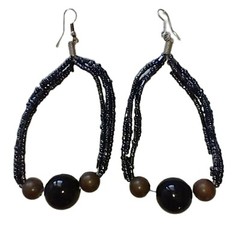 Beaded Hoop Earrings Black Dangle Large Metallic Bohemian Lightweight Vtg Witchy