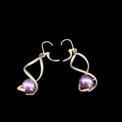 Vintage Modernist Purple Faux Pearl Dangle Earrings Silver Tone Artisan Handmade