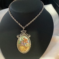 Large Beautiful Vintage LIMOGES FRANCE Cameo Necklace Courting Couple Porcelain