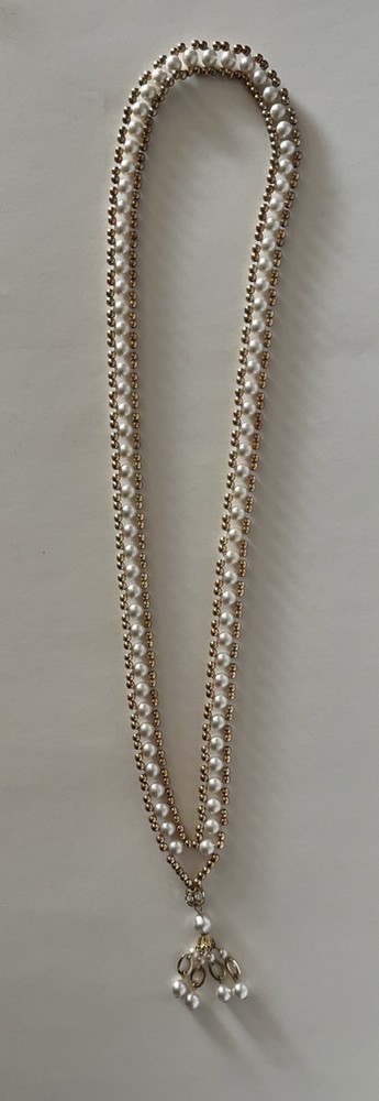 Vintage Long Ivory Color Faux Pearl Necklace With Gold Beaded Rhinestone Tassel