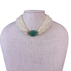 Multi-Strand Seed Pearl Necklace Green Carved Stone Centerpiece Gold Tone