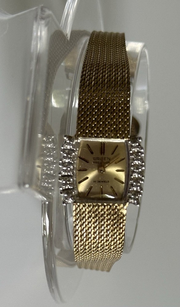 Vintage Gruen Precision 14K Gold Case 10 Diamonds Ladies Wristwatch