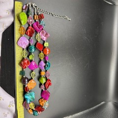 Bright Acrylic Art Glass Bead Layered Necklace Set Matching Dangle Earrings VTG