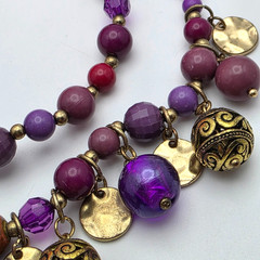 Gold Tone Multicolor Beaded Charm Fringe Necklace Double Strand Glass Lucite 21″