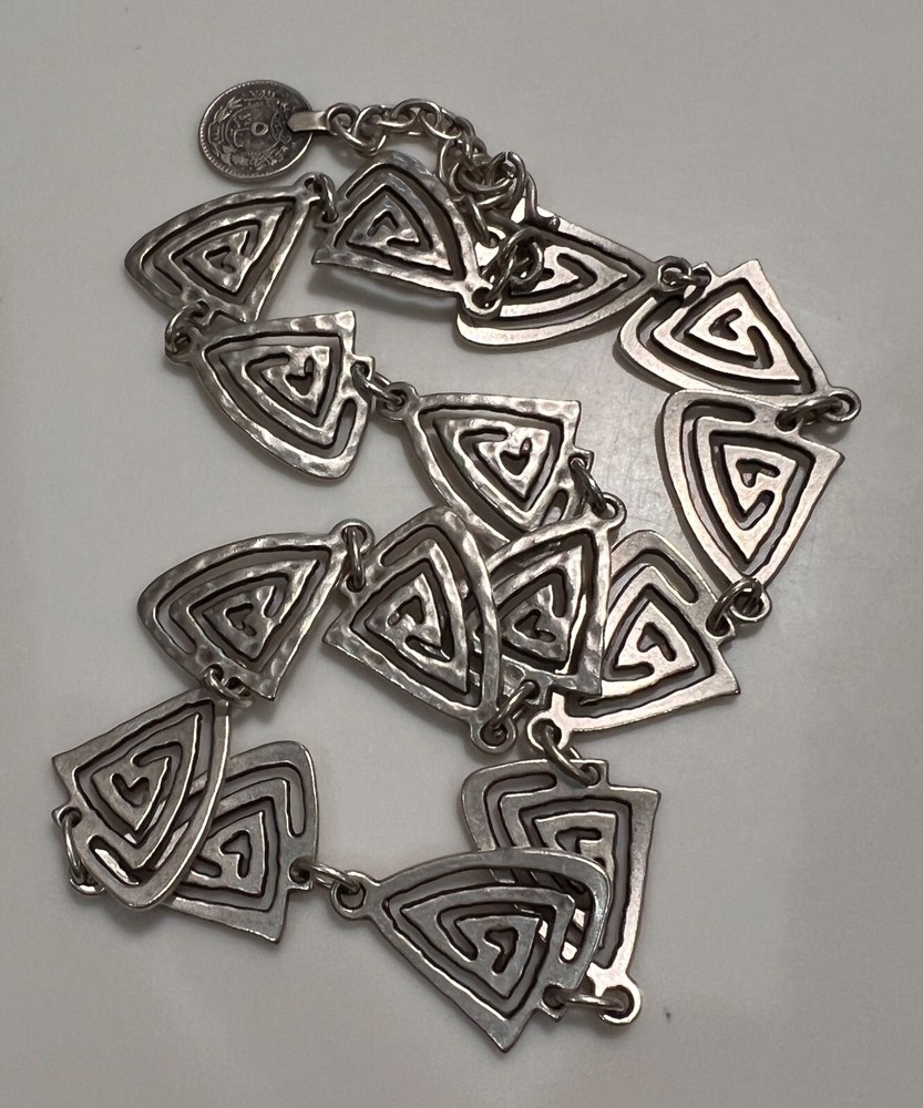 Vtg Pewter Silver Plated Triangle Swirl Necklace Turkey Hand Crafted 18” to 21″