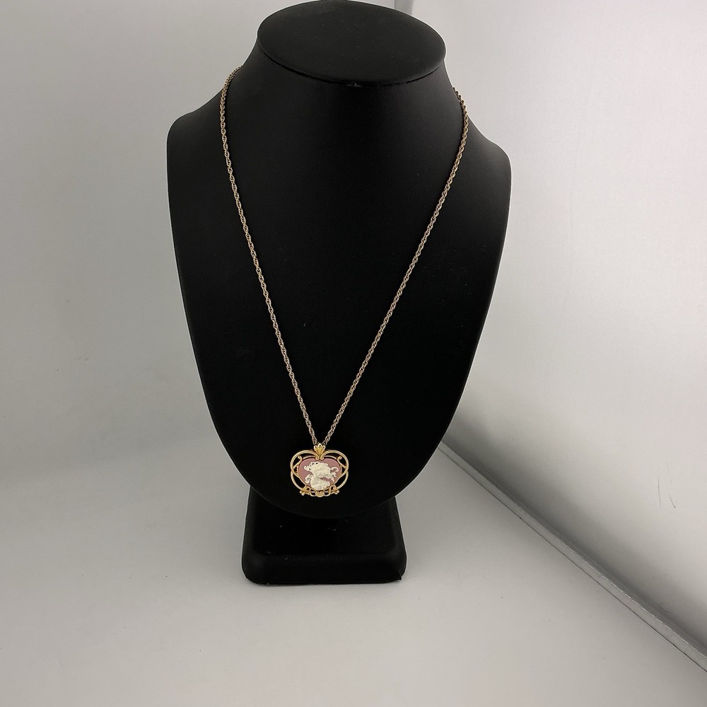 Vtg Precious Moments PMI Necklace Pink Faux Cameo Pendant GoldT Filigree 1990s