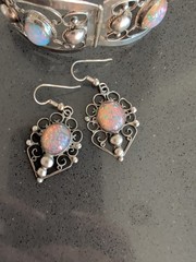 Sterling Pink Dragons Breath Fire Opal Foil Glass Taxco Mexico Bracelet Earrings