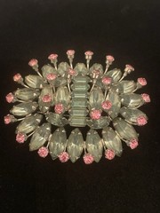VTG Pale Green Navette Baguette Prong Set Brooch Pink Accents BUDDING FLOWER