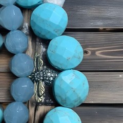 FOSSIL 3 Strand 24” Necklace Rhinestone Turquoise Blue Beads MOP BUTTERFLY & BEE