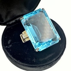 Vintage Retro Marked Rectangular Cut Blue Glass Sterling Silver Ring Sz 5.75