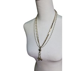 vintage gold tone links with tiny white glass beads accent 3 strand necklace