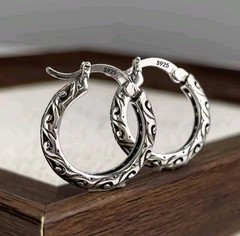 Vintage Sterling Silver Hoop Earrings Geometric Retro Pattern Statement Jewelry.