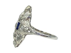 Belais 1.5cttw Diamond Blue Sapphire 18k Gold Shield Ring Antique Art Deco 1920s