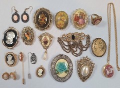 Vintage Estate Jewelry Lot Brooches Ring Locket Pendant Cameo Victorian Style