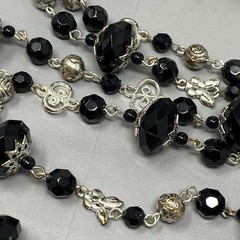 Black Beaded Necklace Silver Tone Cap Chain Link Glass Acrylic Station Long 40″