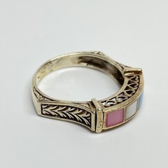Vintage 925 Sterling Silver Multi Color Mother Of Pearl Inlay Band Ring SZ 9.75