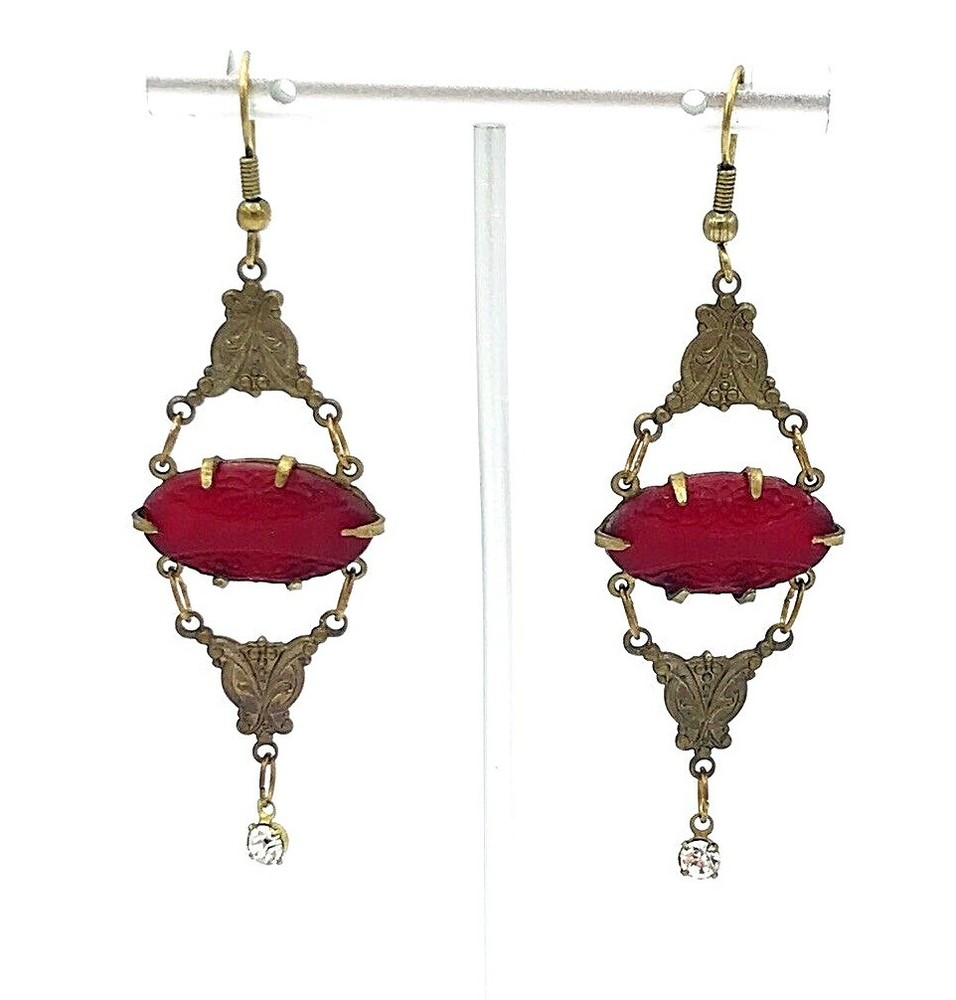 Vintage Signed GWS Glass Works Studio Victorian Copper Red Glass Earrings