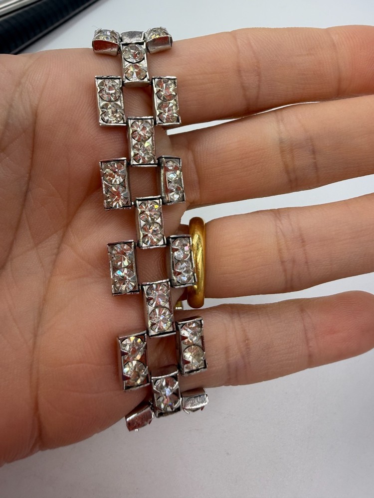 Vintage Bracelet Buckle Rhinestone Wide Lightweight 7 Inches