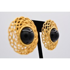 Vintage Black Cabochon Clip On Earrings Gold Tone Chunky 1990s Statement NOS W1