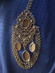 Vtg Mid Century Filigree Pendant Necklace Cabochon Glass 60s 70s Boho