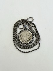 Vintage 1937 Buffalo Nickel Coin Pendant 925 Sterling Silver Chain 15-grams
