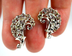 Vintage Silver Tone Twist Back Earrings Clear Rhinestones Wing Shaped 1″