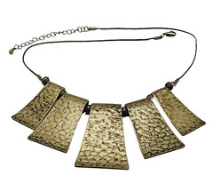 Exotic Hammered Style 5 Metal Plate Bib Necklace Brutalist Cleopatra Look 21 In