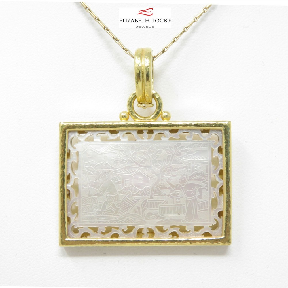 NYJEWEL Elizabeth Locke 19k Gold Carved Mother of Perl Pendant 14k Necklace 20″