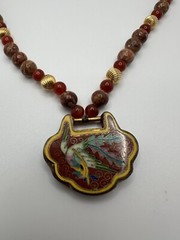 VNT Les Bernard Sterling Silver Jasper Carnelian Cloisonne Bird Necklace JB19