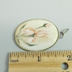 Vintage Pink and Green Painted Flower Pendant, Oval Silver Tone Setting, Signed