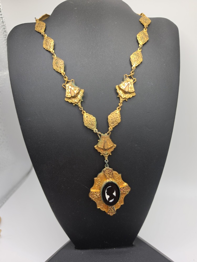 Antique Victorian Era Vermeil Medallion Chain Glass Cameo Pendant Choker 12″ SEE