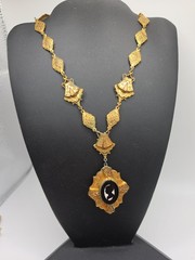Antique Victorian Era Vermeil Medallion Chain Glass Cameo Pendant Choker 12″ SEE