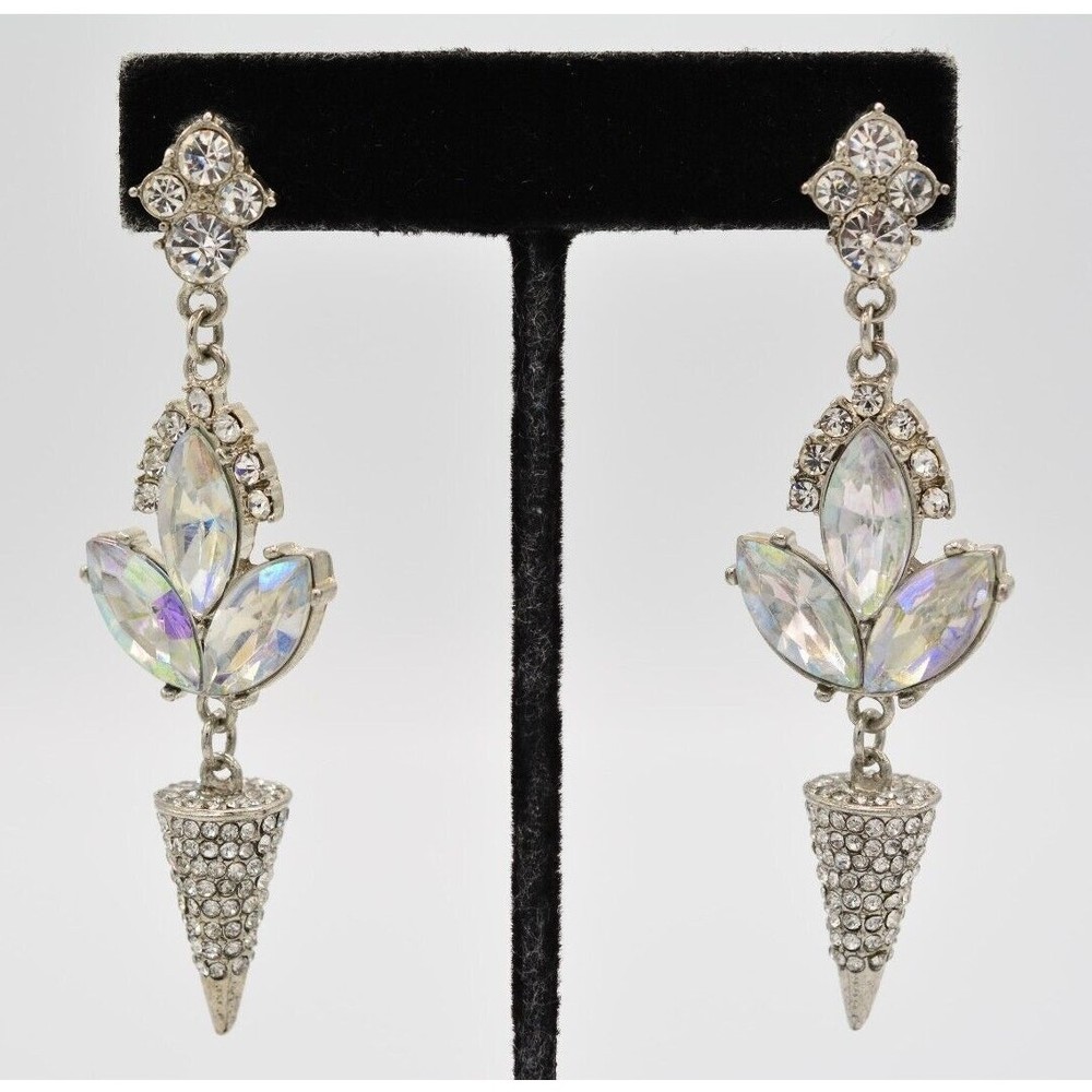 Vintage Sparkling Crystal Dangle Earrings Chunky AB Rhinestone Silver Y2K BinAR