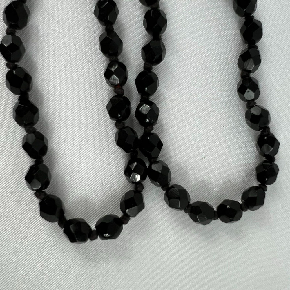 Jet Black Glass Crystals w Spacers Flapper VTG Necklace Strung on Chain 34in
