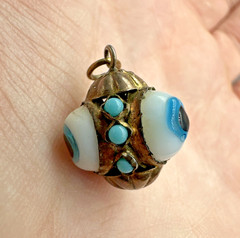 Vtg Victorian? Triple Evil Eye Blown Glass Gilted Brass Pendant Good Luck Amulet