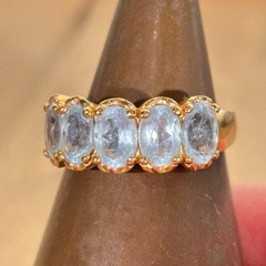 Gold Tone Costume Ring w Channel Set Blue Stones, China Sz 8.75