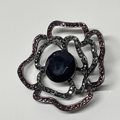 Rose Brooch Pin Violet & Dark Grey Rhinestone Purple Silver Tone Open Work Read