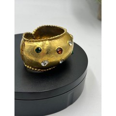 Les Bernard VO Vogue Vintage Signed Hammered Gold Cuff Bracelet Rhinestones