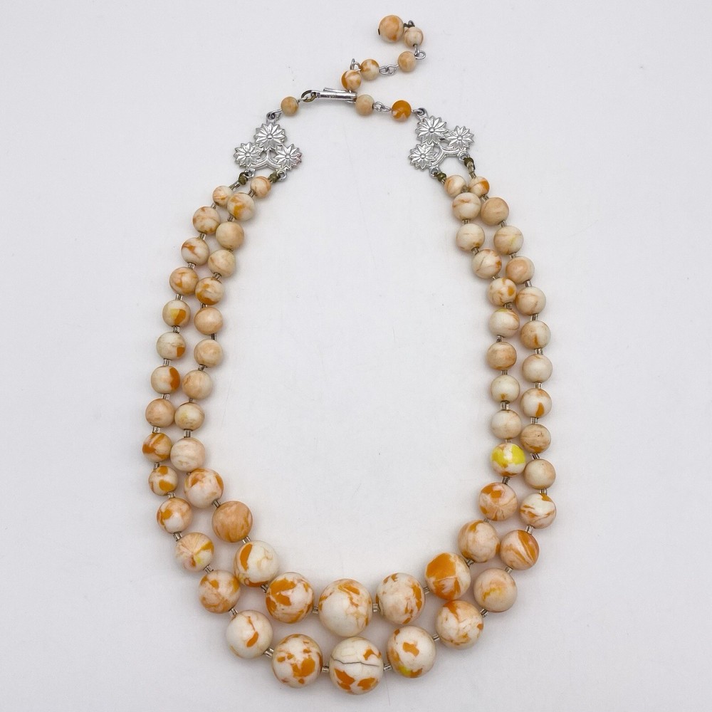 Vintage Necklace Speckled Lucite Orange Yellow And Cream Colors Double Strand