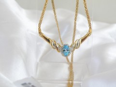 14K Gold on Sterling Silver 925 Natural Heated Blue Topaz Diamond Necklace 18″