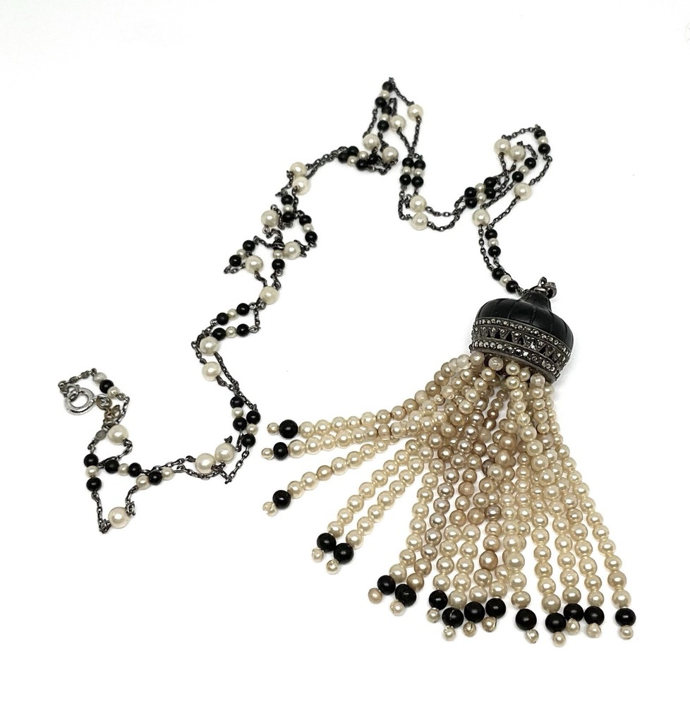 Vintage Art Deco Flapper Faux Pearl Marcacite Tassel 32” Sterling Necklace