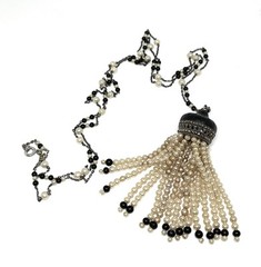 Vintage Art Deco Flapper Faux Pearl Marcacite Tassel 32” Sterling Necklace