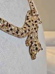 Vintage Articulated Double Green Eyed Leopard Panther Rhinestone Collar Necklace