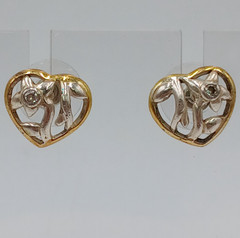 VTG 925 Open Heart Earrings 0.5in Sterling Silver 2g Vermeil Two Tone CZ Sparkle