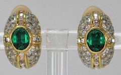 Vtg LES BERNARD Domed Earrings Clear Crystals & Faux Center Oval Green Emerald
