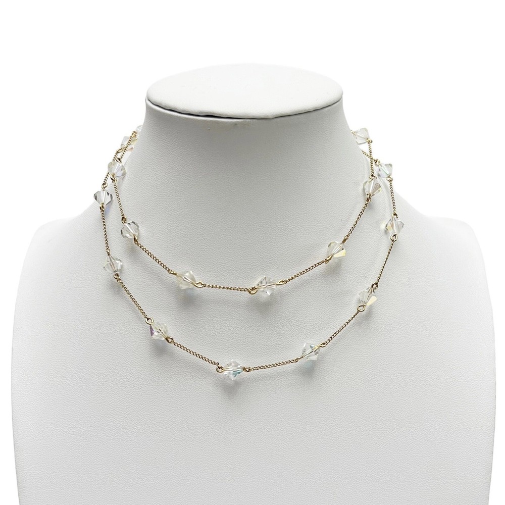 Vintage ACO 12K Gold Filled Faceted AB Crystal Chain Station Necklace 29”