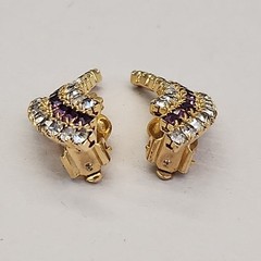 Vintage Rhinestone Clip On Earrings Purple Clear Climber Gold Tone 1 3/8″
